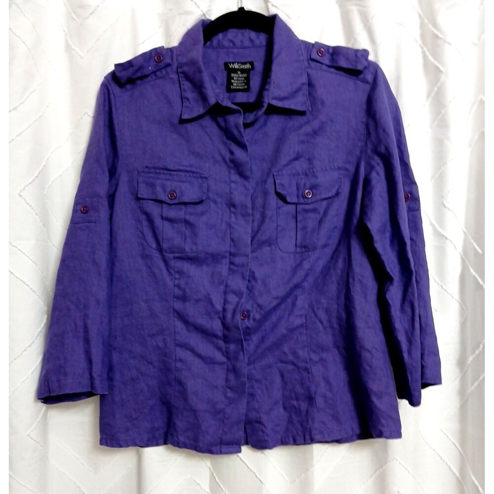 Purple Top 100% Linen Tab 3/4 Sleeves Blouse Sz M Will Smith
